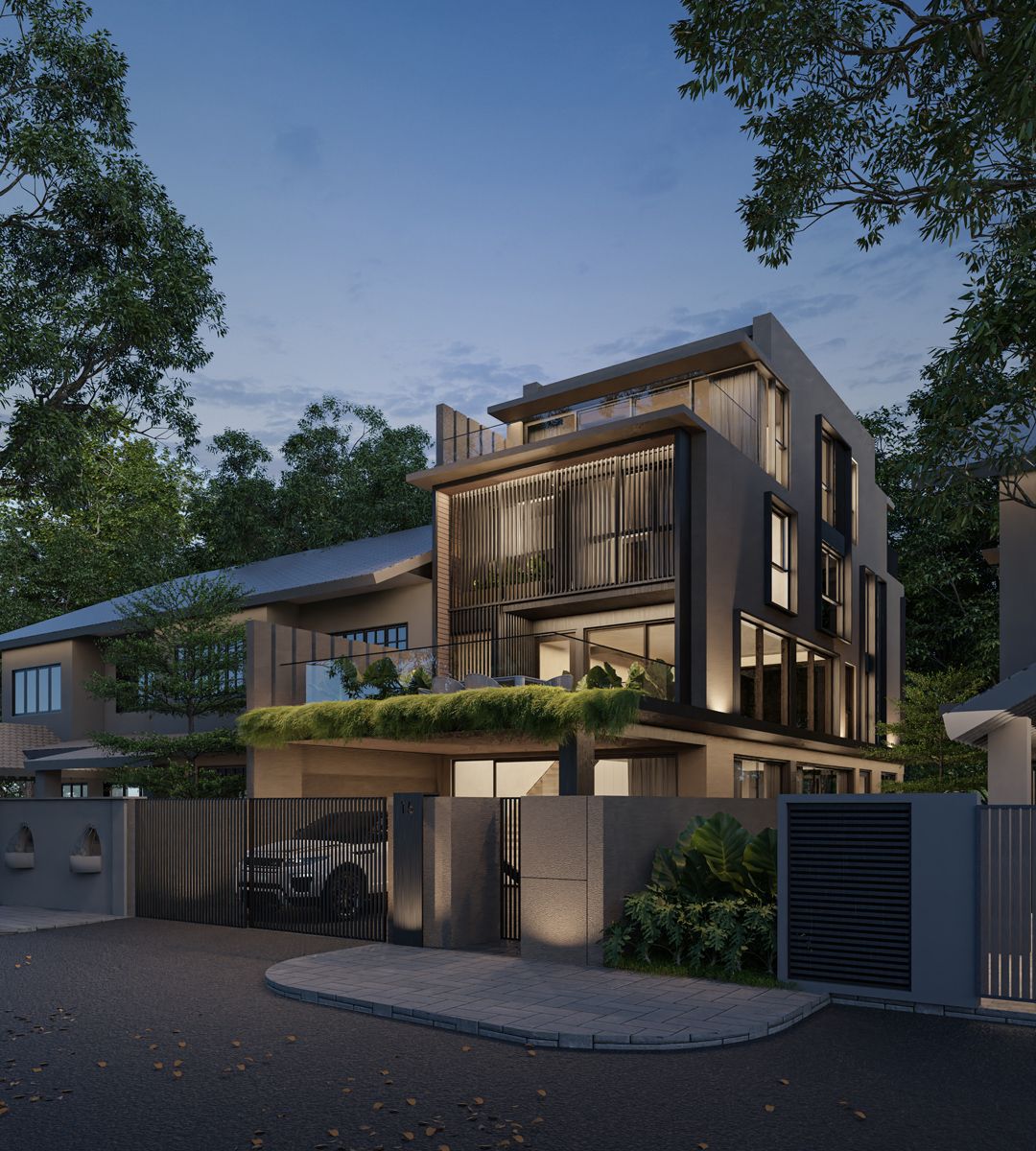 The Tosca Terrace facade glows gently in the evening