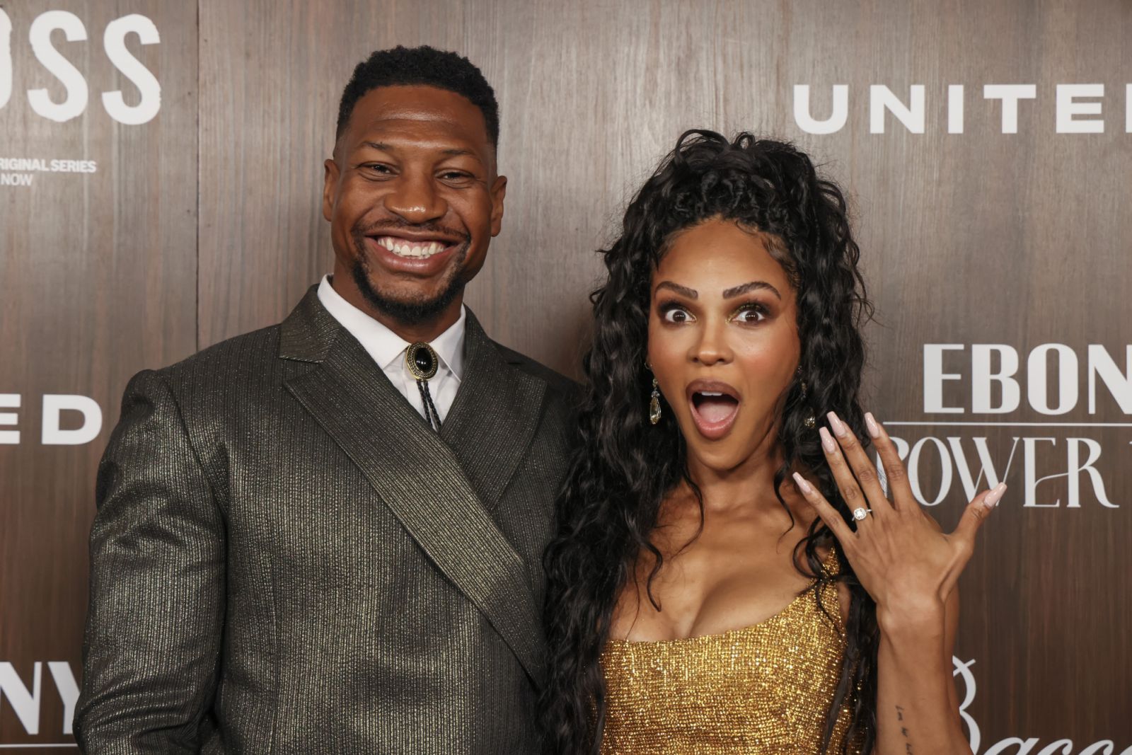 LOS ANGELES, CALIFORNIA - NOVEMBER 17: (L-R) Jonathan Majors and Meagan Good attend the 2024 Ebony Power 100 List at Nya Studios on November 17, 2024 in Los Angeles, California. (Photo by Rodin Eckenroth/Getty Images)