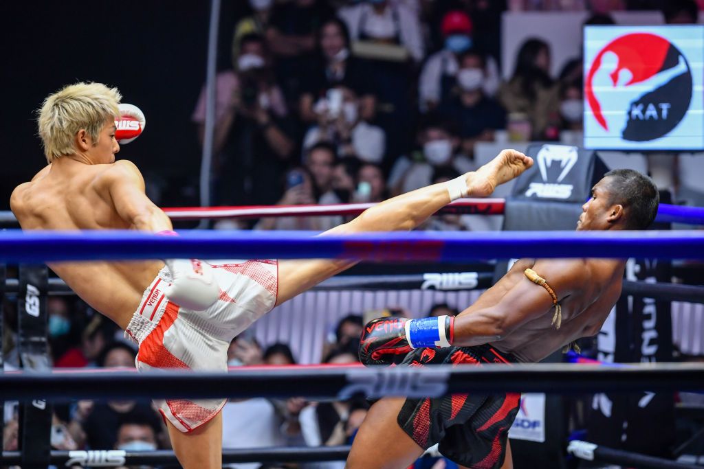 BANGKOK, THAILAND - 2022/08/19: Buakaw Banchamek (R) of Thailand and Kota Miura of Japan seen in action during a fight in a kickboxing exhibition or boxing show at Rajadamnern Stadium. Buakaw Banchamek, a legend of Muay Thai, returned to Rajadamnern Stadium for the first time in 18 years to face Kota Miura, one of the hottest MMA prospects in the world from Japan. (Photo by Amphol Thongmueangluang/SOPA Images/LightRocket via Getty Images)