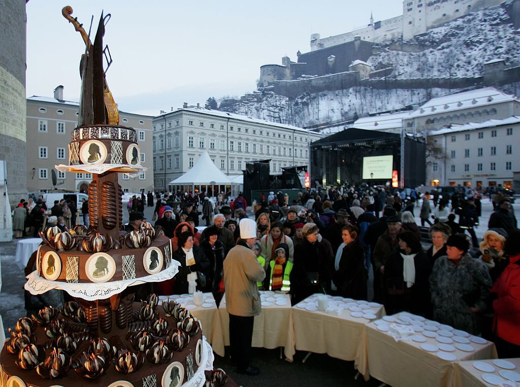 SALZBURG, AUSTRIA - JANUARY 27: A giant birthday cake in honor of Wolfgang Amadeus Mozart is shown at the opening of the Mozart week January 27, 2006 in Salzburg, Austria. Salzburg is celebrating the 250th anniversary of the composer's birth. (Photo by Andreas Rentz/Getty Images)