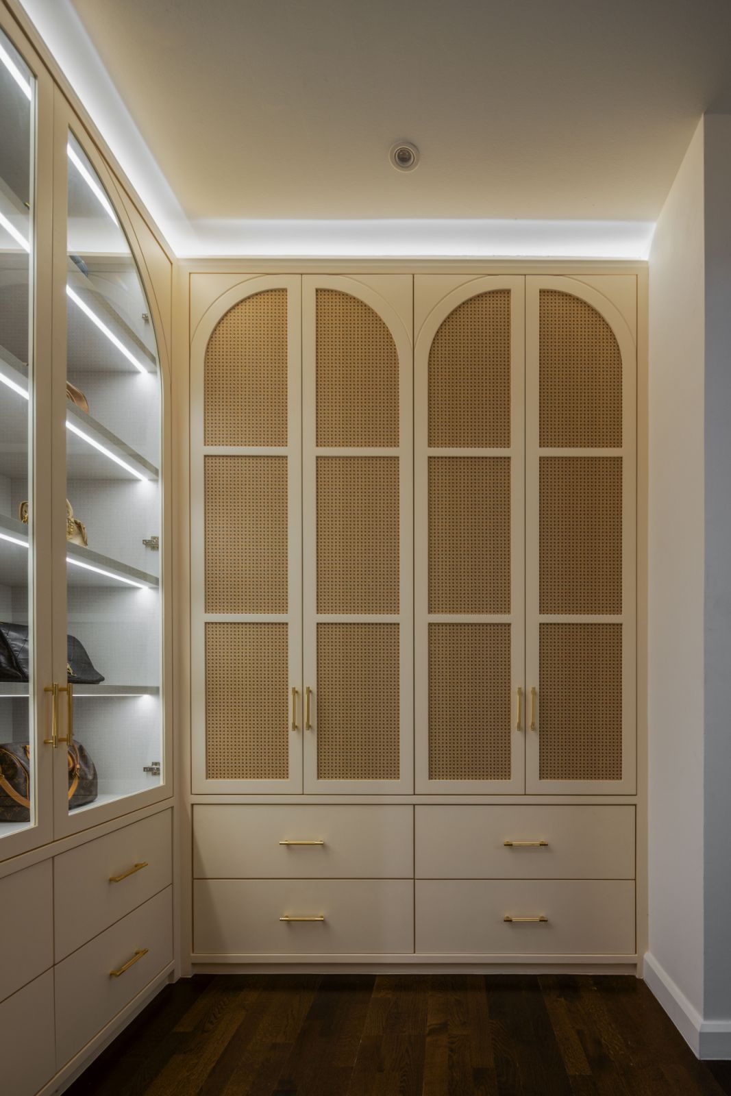 LED-lit rattan-paneled wardrobe doors