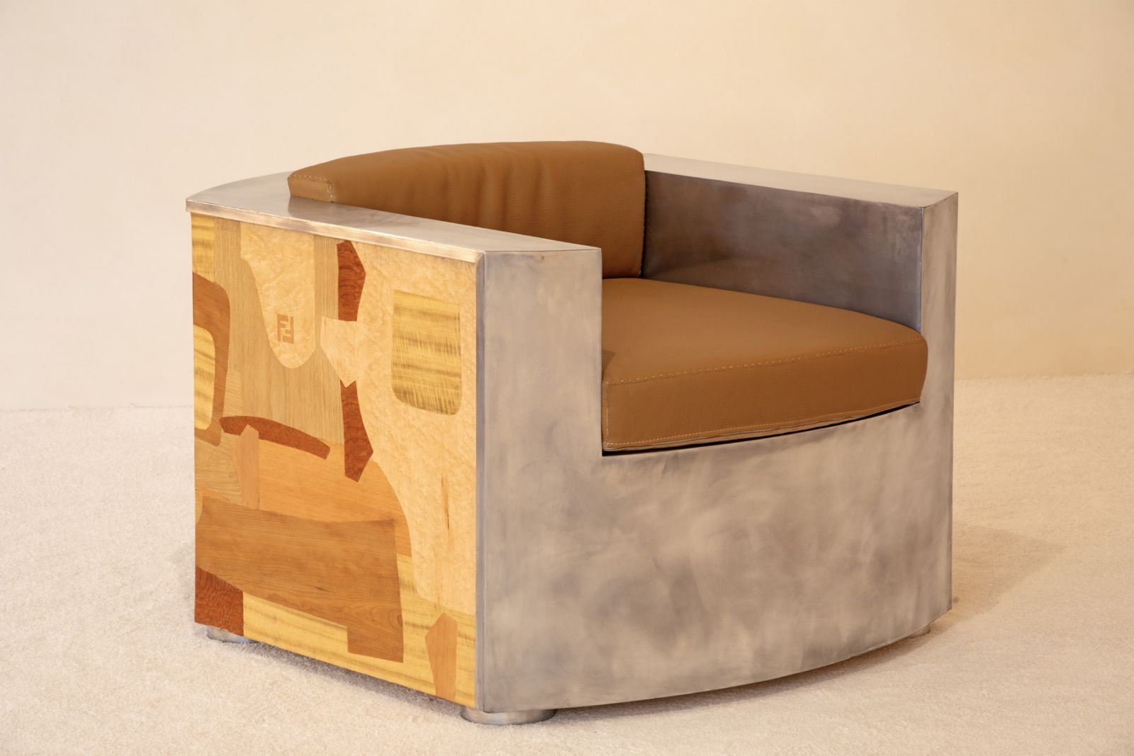 The Fendi Patchwork Club Chair in silver, aluminium and light timber
