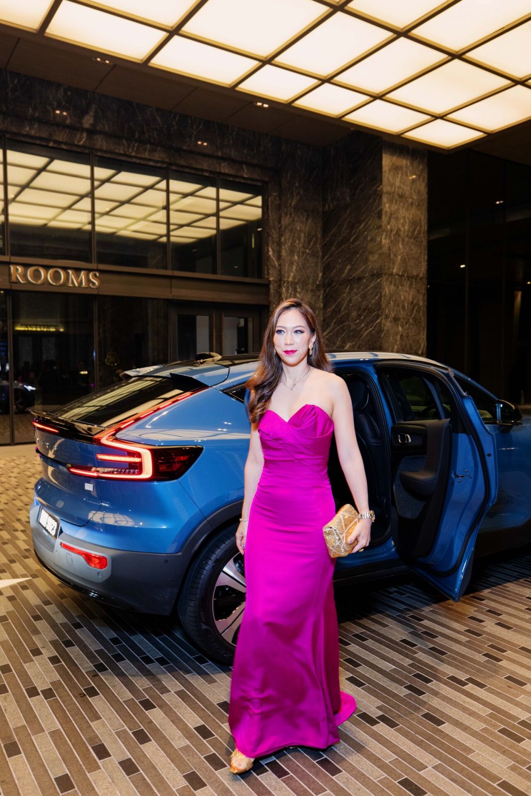 Chic intro: Diane Chia arrives in a Volvo C40, Volvo's fully electric compact SUV featuring a sleek coupe-like design
