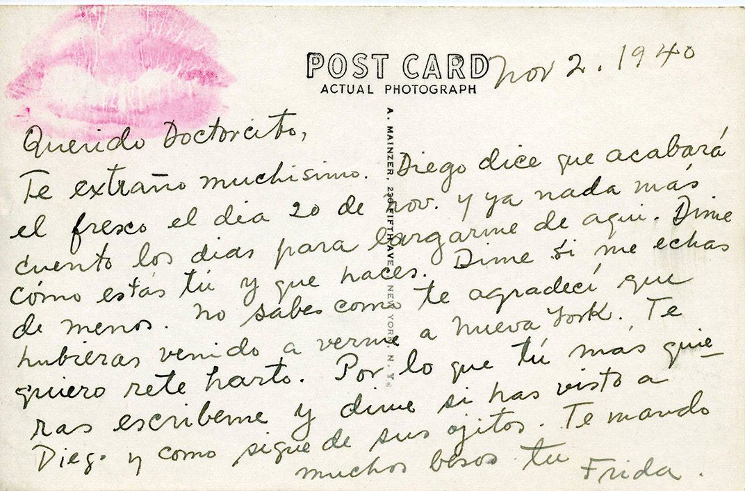 A photo of a postcard sent by Kahlo from New York to Dr Leo Eloesser, her lifelong friend and medical adviserr