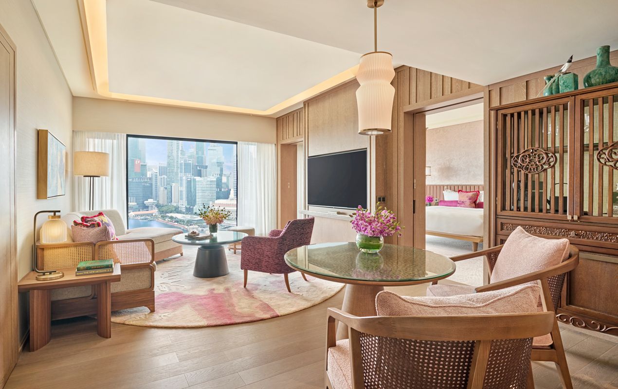 The elegant living room of the Premier Marina Bay Suite at the Mandarin Oriental, Singapore