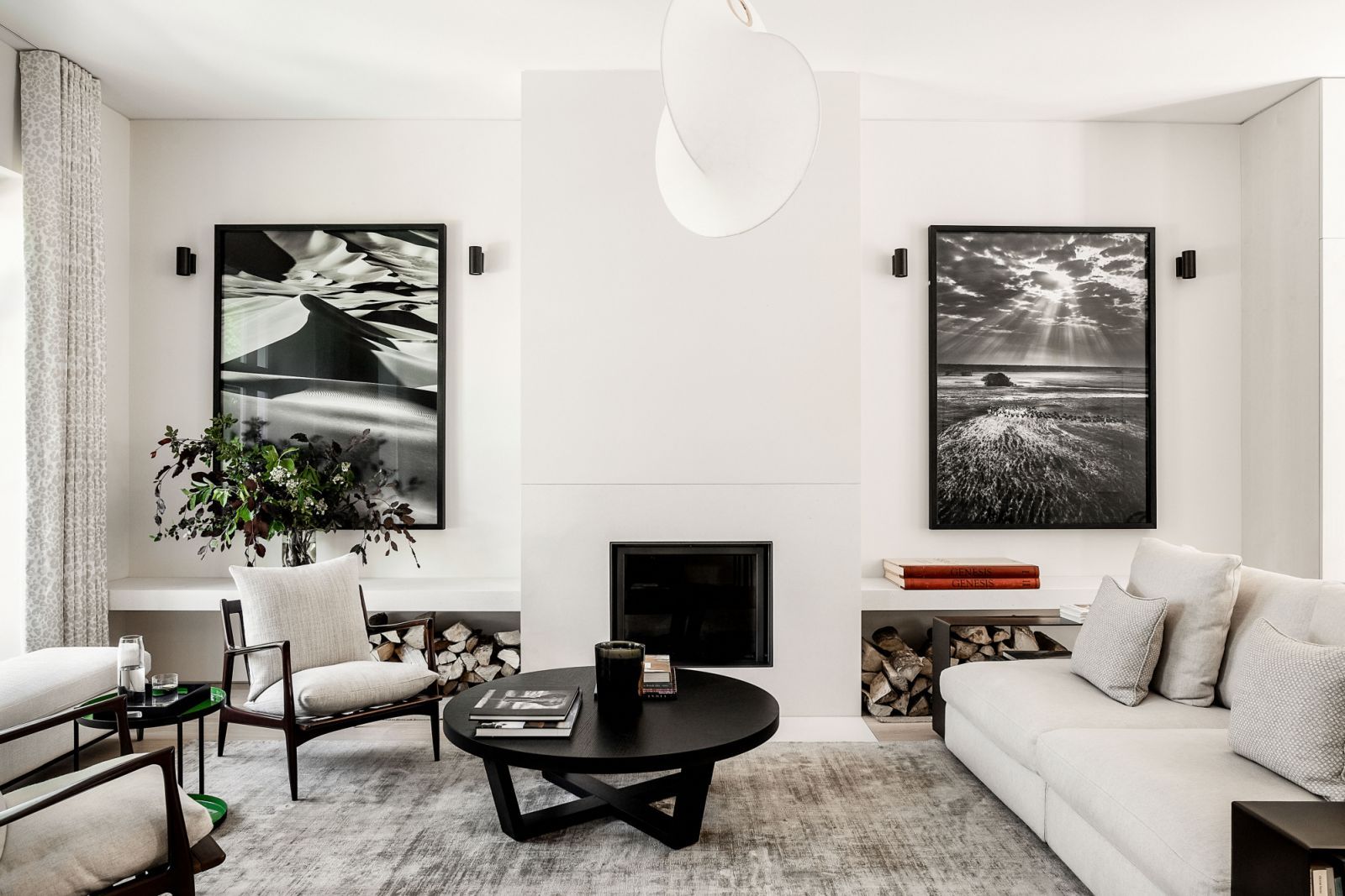 The monochromatic living area with framed black-and-white photography (Photo: Taran Wilkhu)