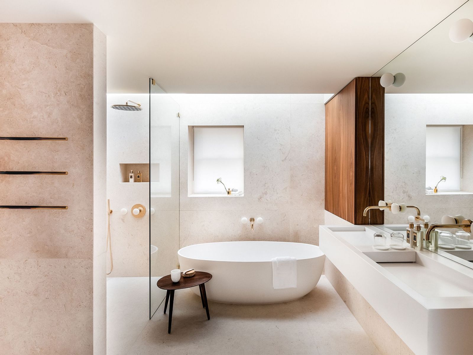 Limestone-clad walls in the master ensuite (Photo: Taran Wilkhu)
