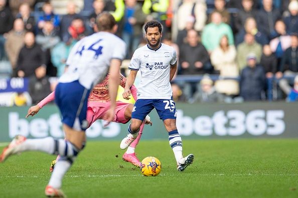 Duane Holmes #25 of Preston North End is playing during the Sky Bet Championship match between Preston North End and Leeds United at Deepdale in Preston, England, on December 26, 2023. (Photo by MI News/NurPhoto via Getty Images)