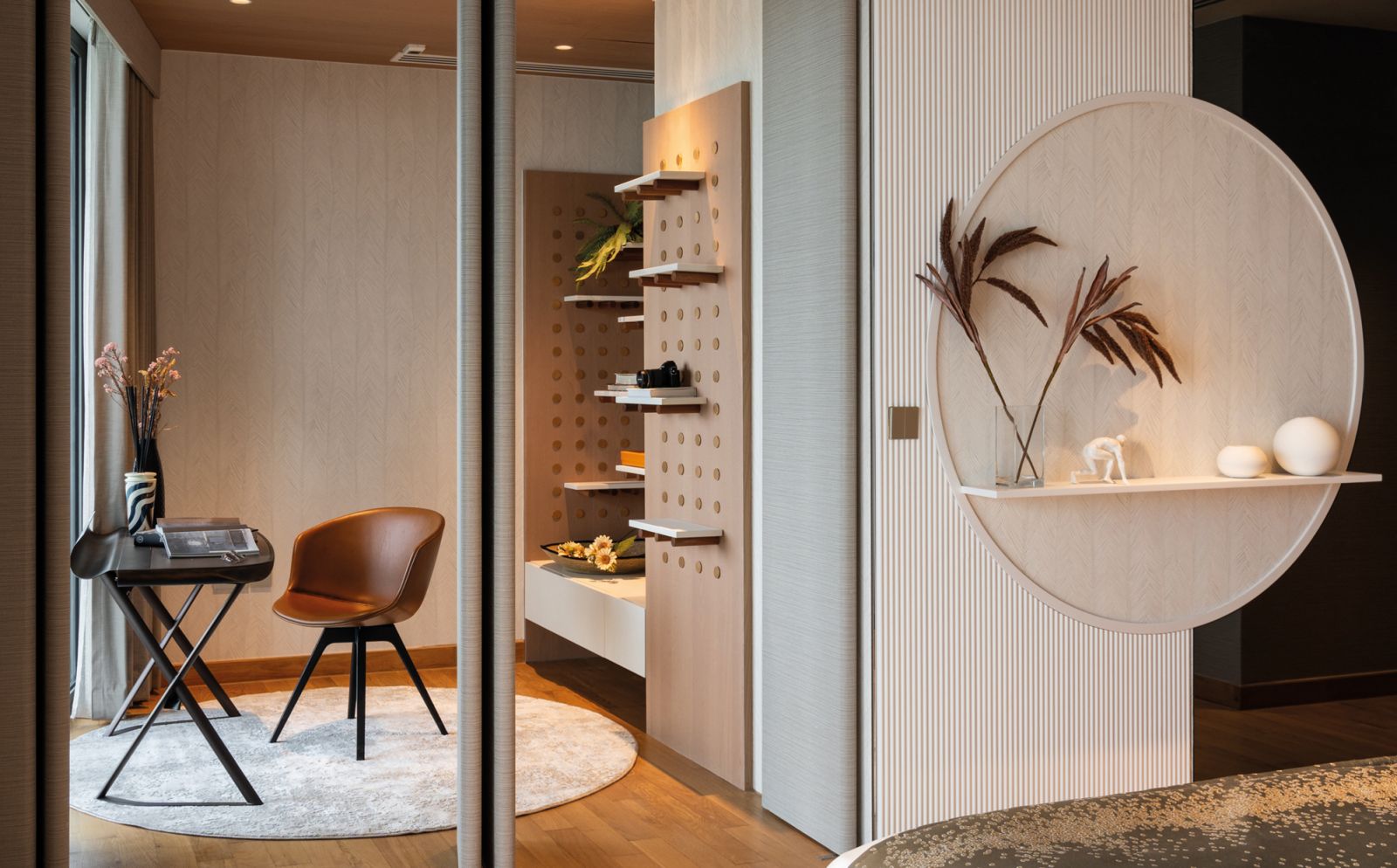 The master suite’s handsomely furnished study