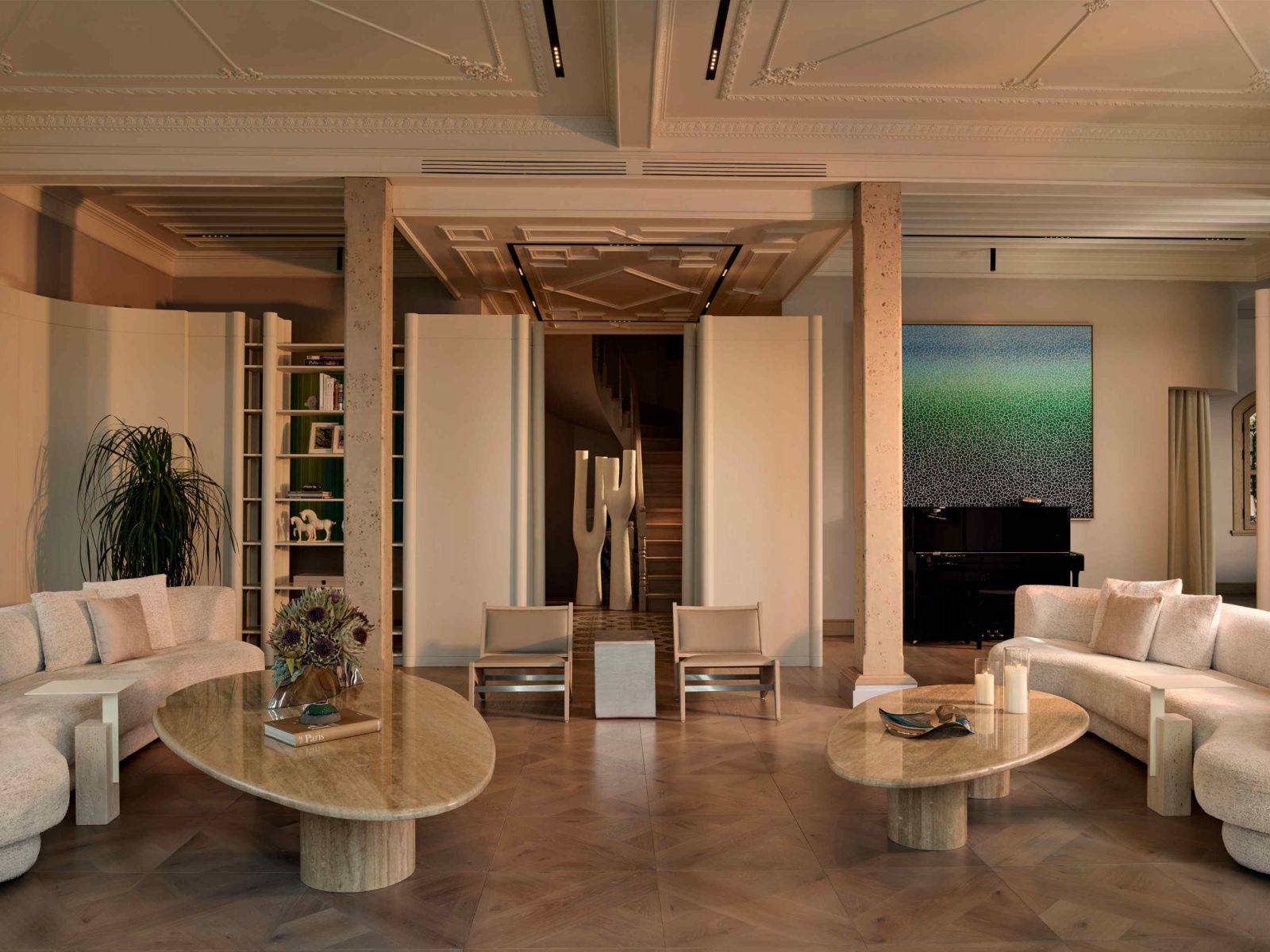 Bassano parquet flooring and painted oak veneer wood panels exude contemporary warmth