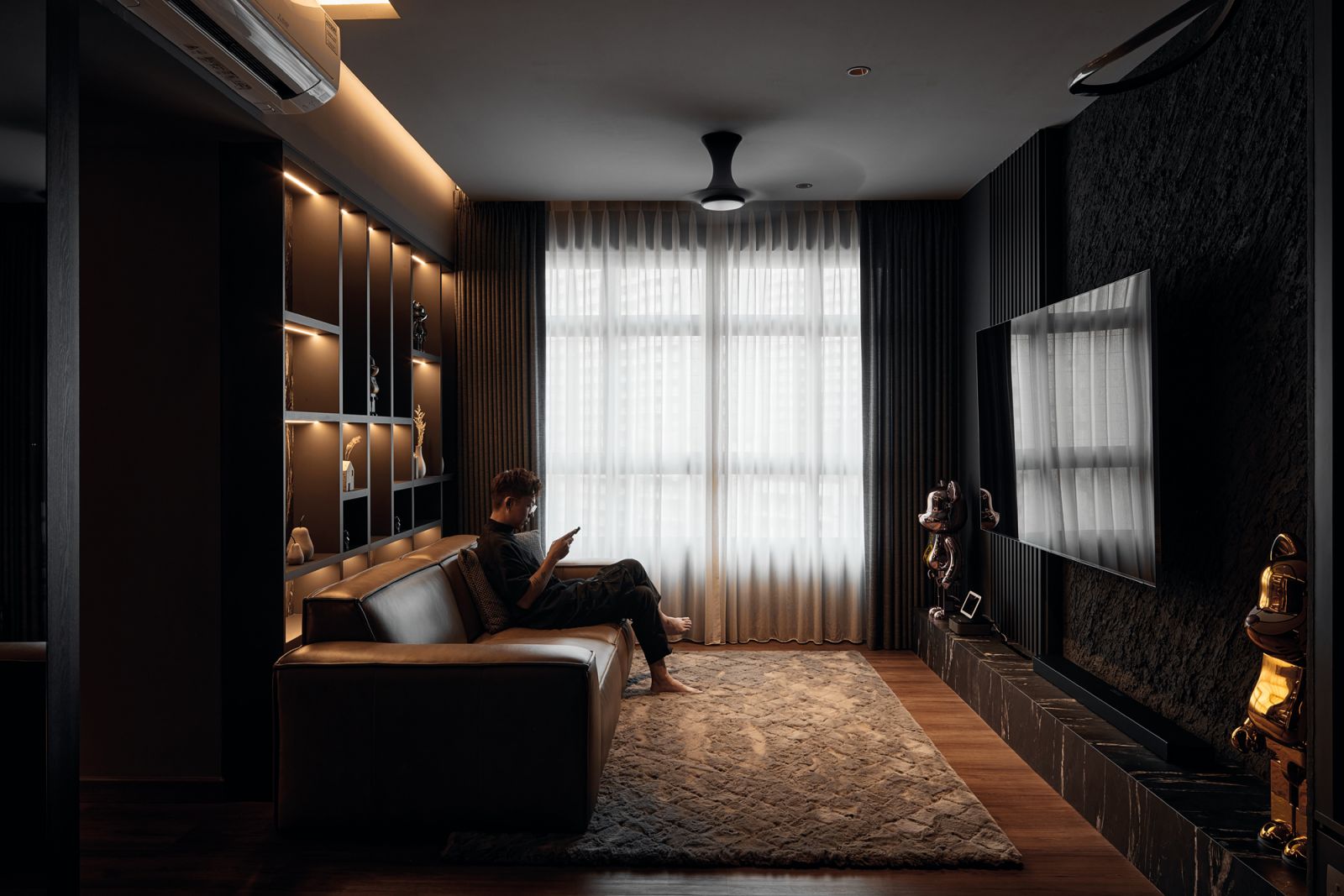 Dim lighting makes for an intimate ambience and keeps the interiors easy on the eye