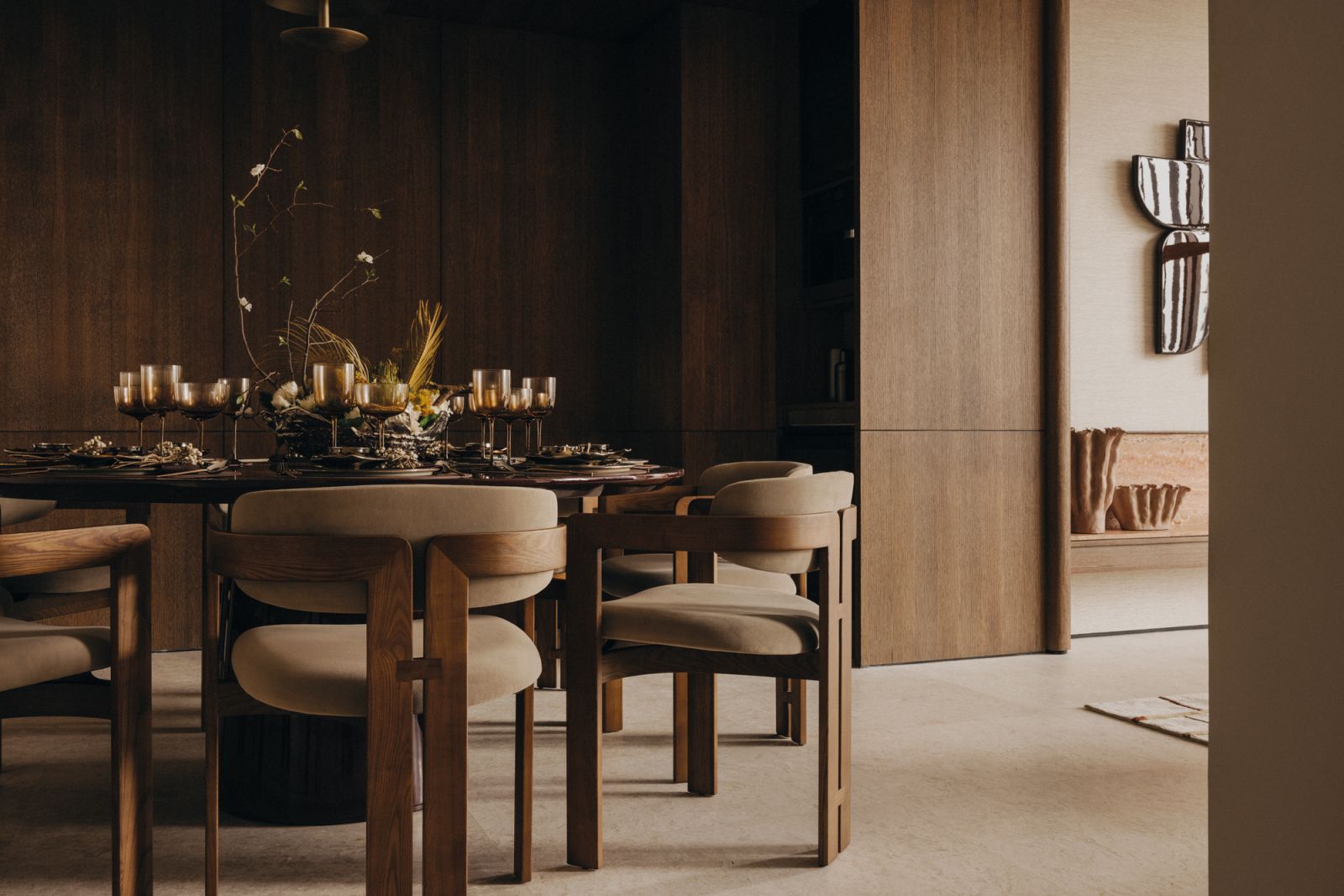 A dining area adorned in harmonious neutral tones