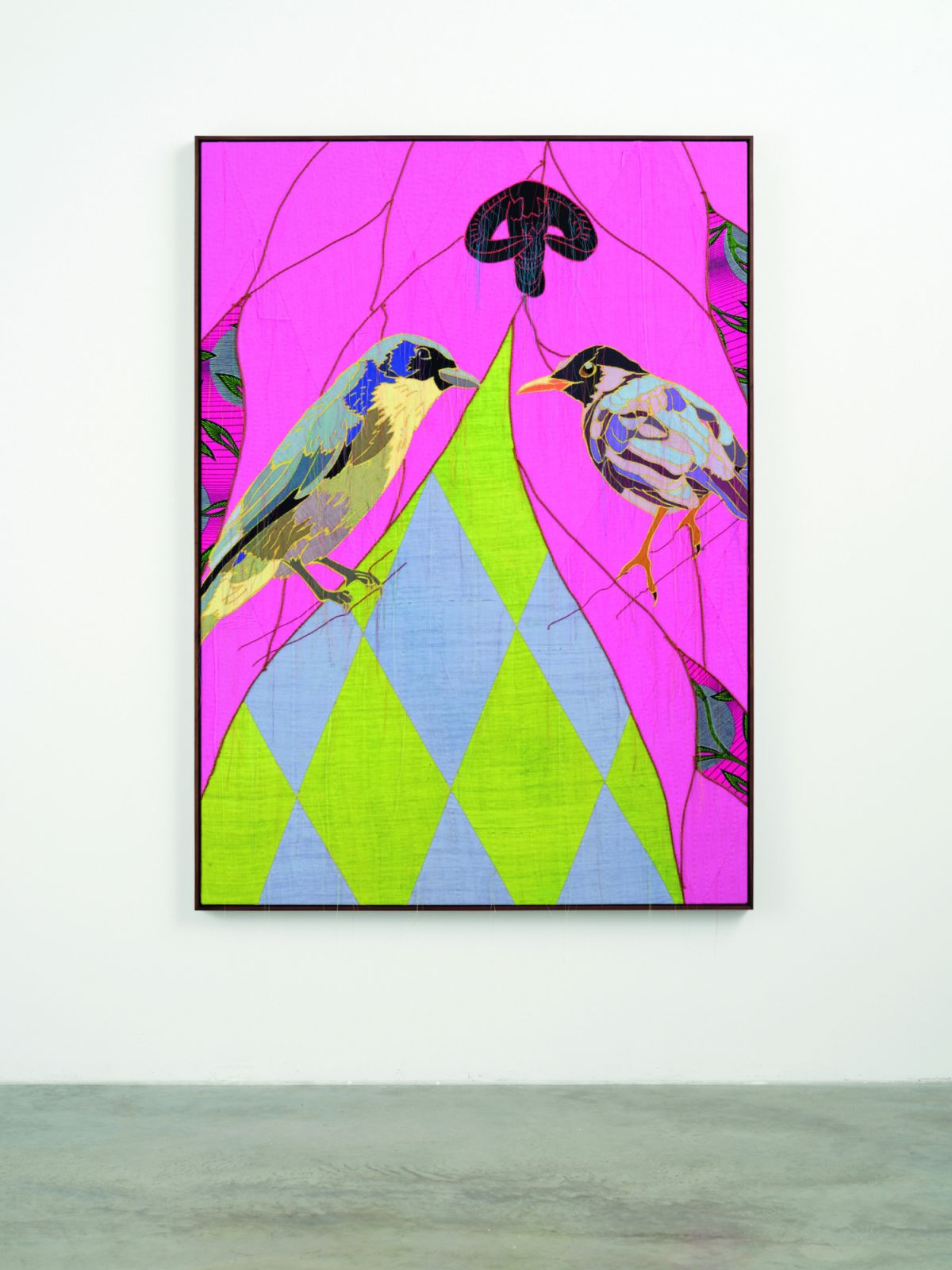 'African Bird Magic' (Comoro Blue Vanga & Taita Thrush') (2024) by Yinka Shonibare at Goodman Gallery'