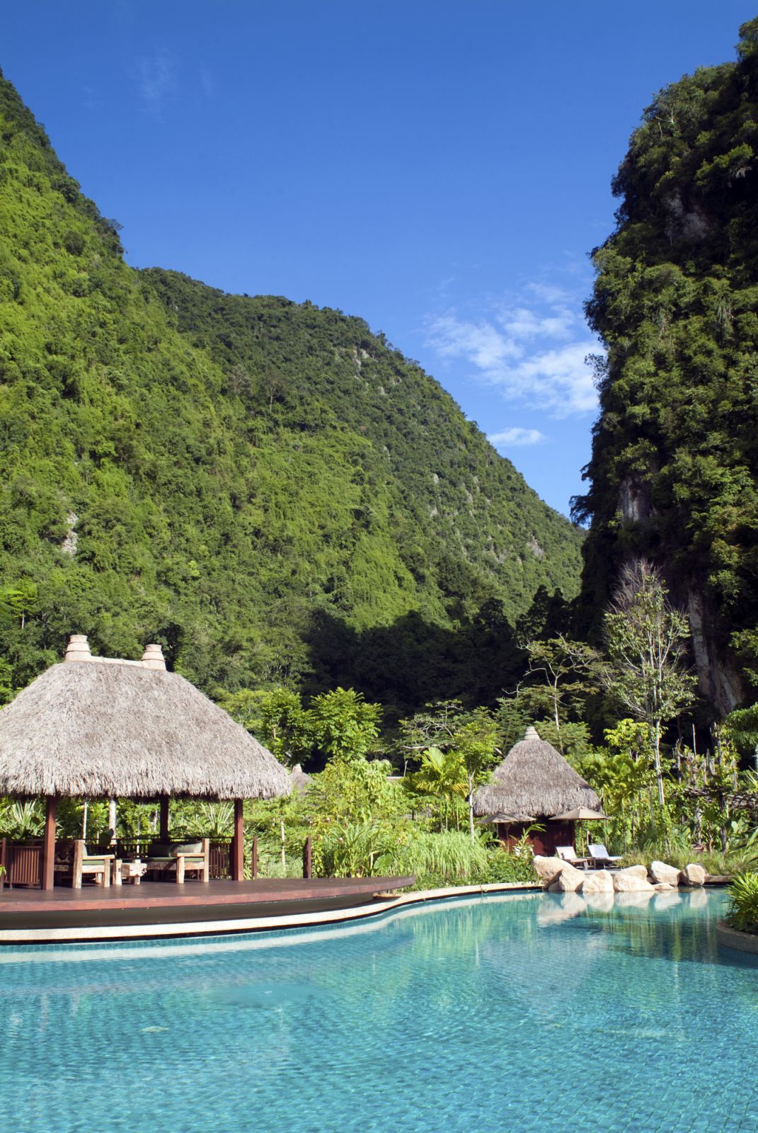 IPOH, MALAYSIA - 2010/07/24: The main pool at the Banjaran Hot Springs Retreat, a wellness resort surrounded by natural hot springs and karst mountains outside of Ipoh, Malaysia. (Photo by Leisa Tyler/LightRocket via Getty Images)