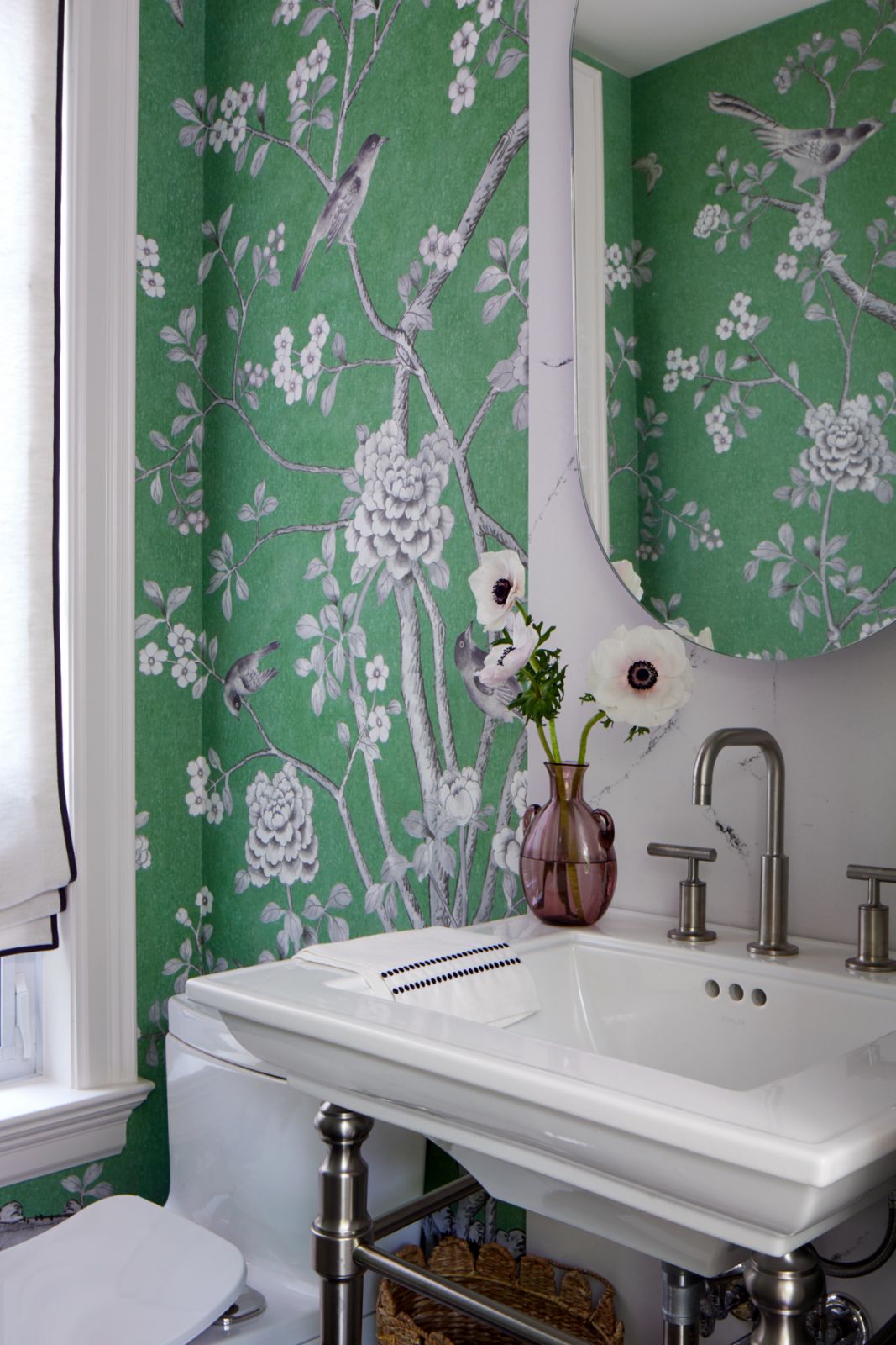 The powder room with a botanical mural made of linen
