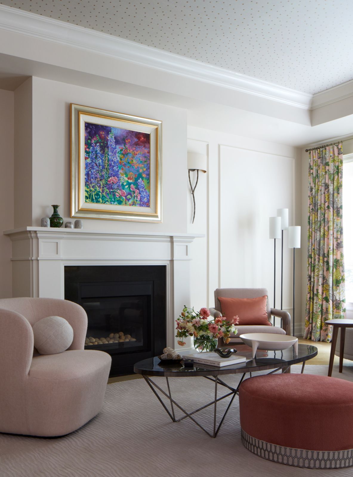 A closer look at the chinoiserie-inspired drapery and unique chairs in the living room