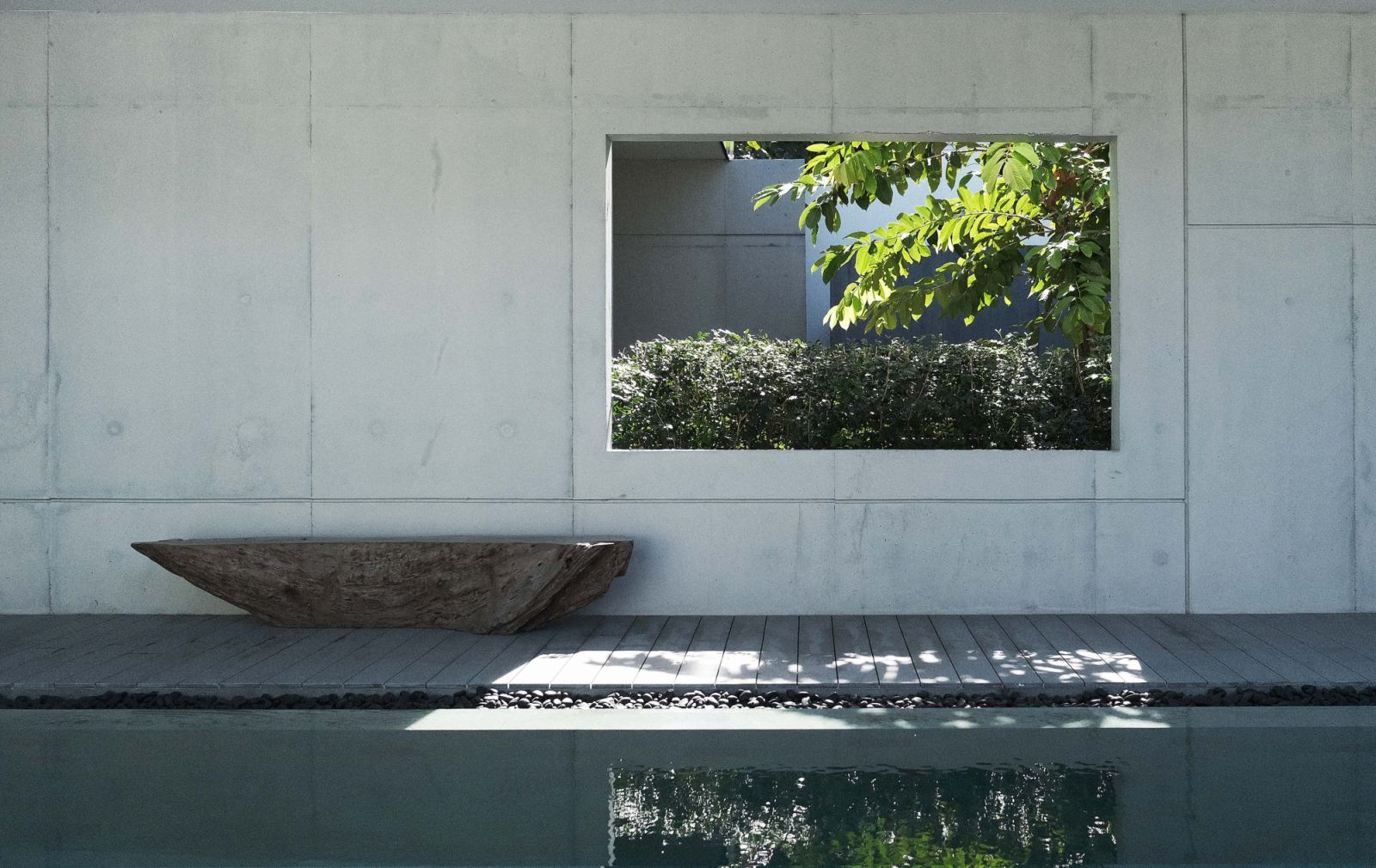 A carefully composed vignette combines a sculptural driftwood bench, framed garden view, and pool edge