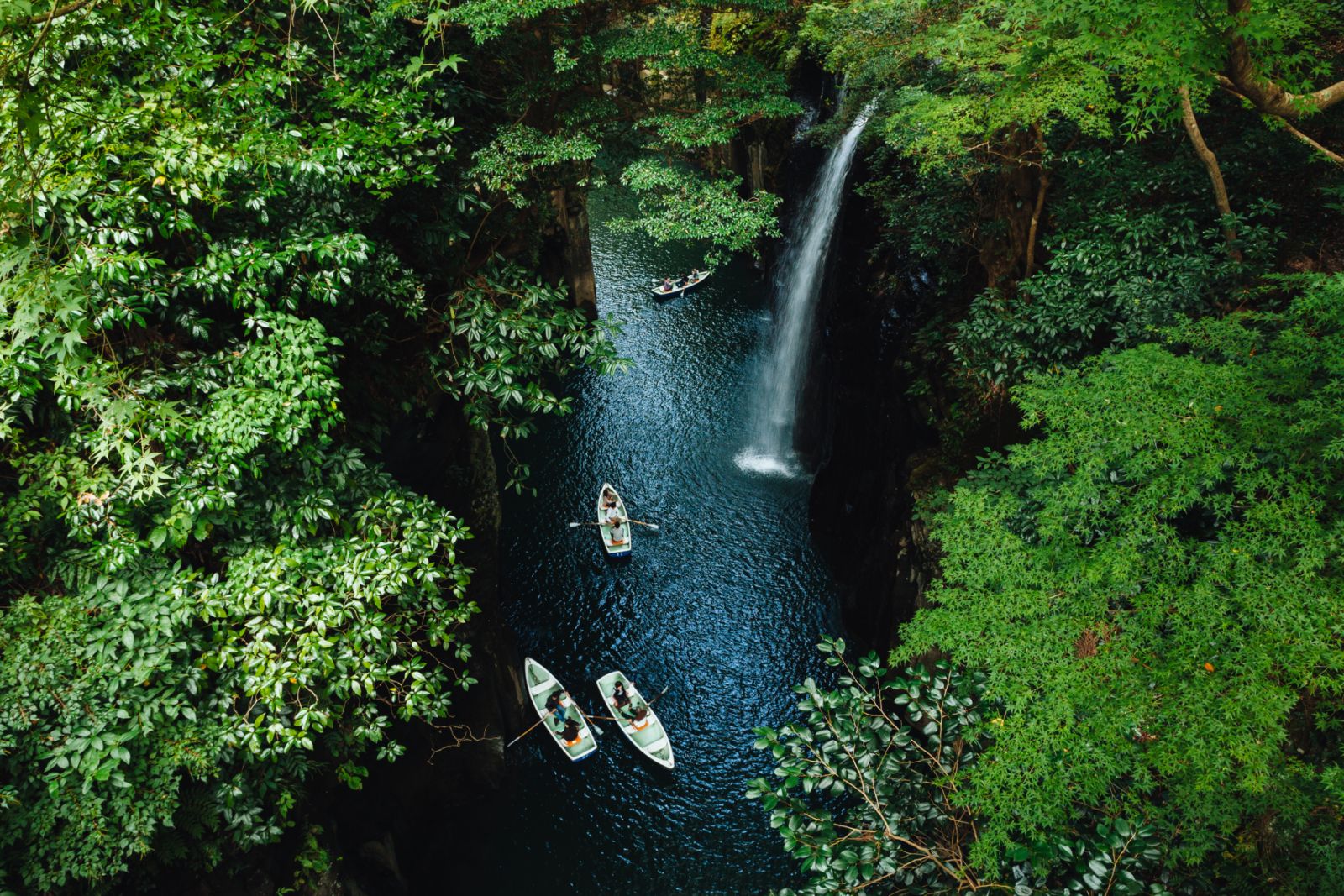 High angle view of Takachiho-kyo Gorge with lush green forest, Miyazaki, Japan