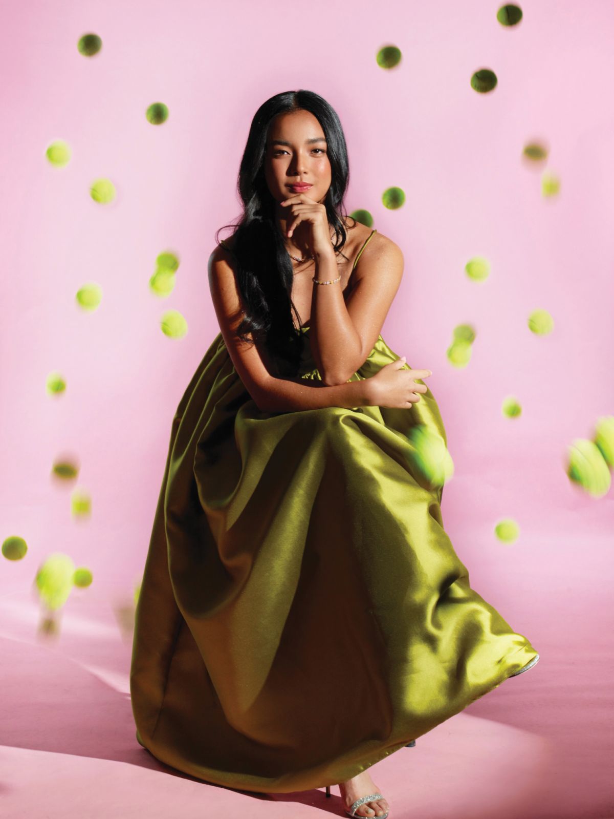 Alex Eala wearsa  Vania Romoff dress and Tessera jewellery