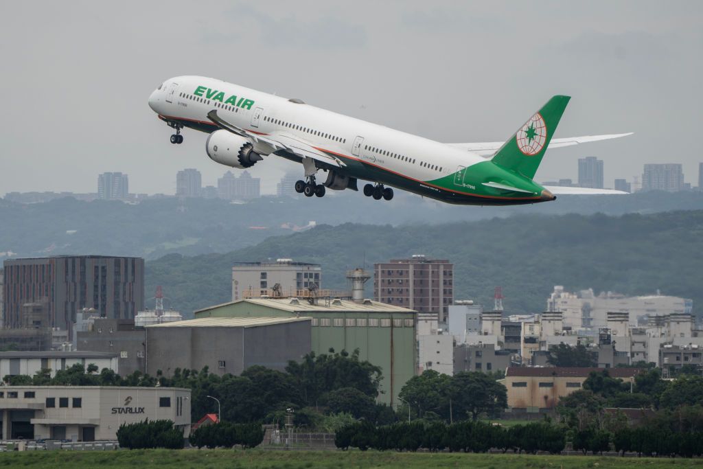 An EVA Air plane is taking off from Taoyuan International Airport in Taipei, Taiwan, on May 29, 2024. (Photo by Vernon Yuen/NurPhoto via Getty Images)