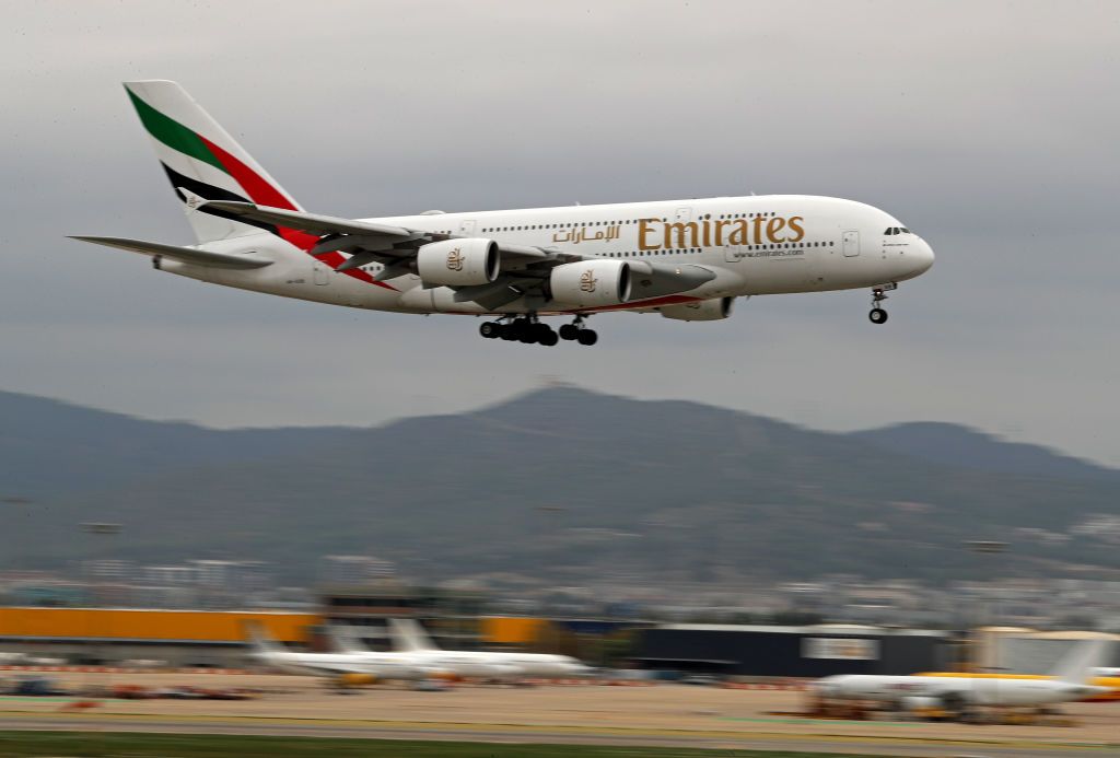 An Emirates Airbus A380-861 lands at Barcelona El Prat Airport in Barcelona, Spain, on October 15, 2024. (Photo by Joan Valls/Urbanandsport/NurPhoto via Getty Images) (Photo by Urbanandsport/NurPhoto via Getty Images)