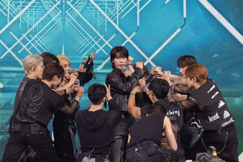 GLASTONBURY, ENGLAND - JUNE 28: Members of K-Pop group Seventeen perform on the Pyramid Stage during day three of Glastonbury Festival 2024 at Worthy Farm, Pilton on June 28, 2024 in Glastonbury, England. Founded by Michael Eavis in 1970, Glastonbury Festival features around 3,000 performances across over 80 stages. Renowned for its vibrant atmosphere and iconic Pyramid Stage, the festival offers a diverse lineup of music and arts, embodying a spirit of community, creativity, and environmental consciousness