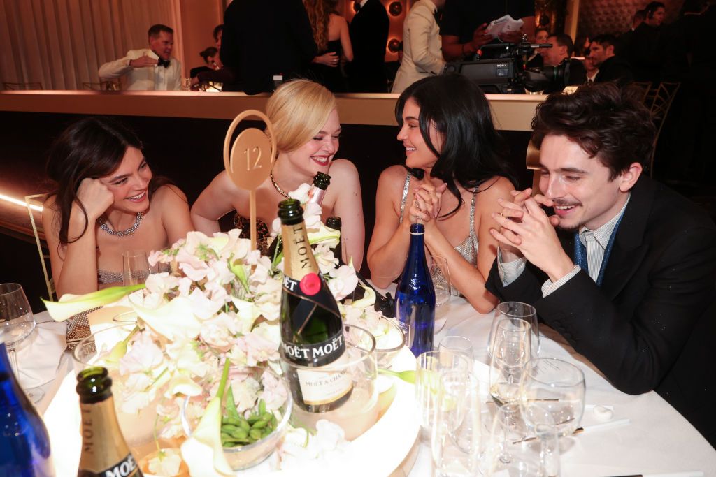 Monica Barbaro, Elle Fanning, Kylie Jenner, Timothée Chalamet during the 2025 Golden Globes (Photo: Getty Images)