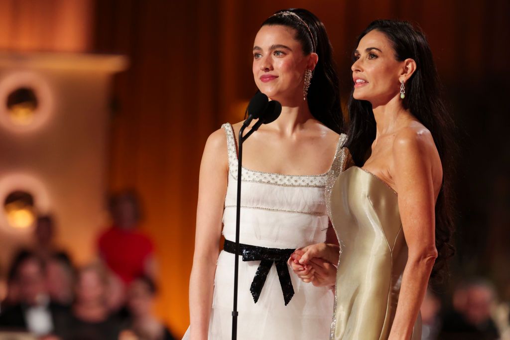 Margaret Qualley, Demi Moore during the Golden Globes 2025 held at The Beverly Hilton on January 05, 2025 in Beverly Hills, California. (Photo by Christopher Polk/GG2025/Penske Media via Getty Images)