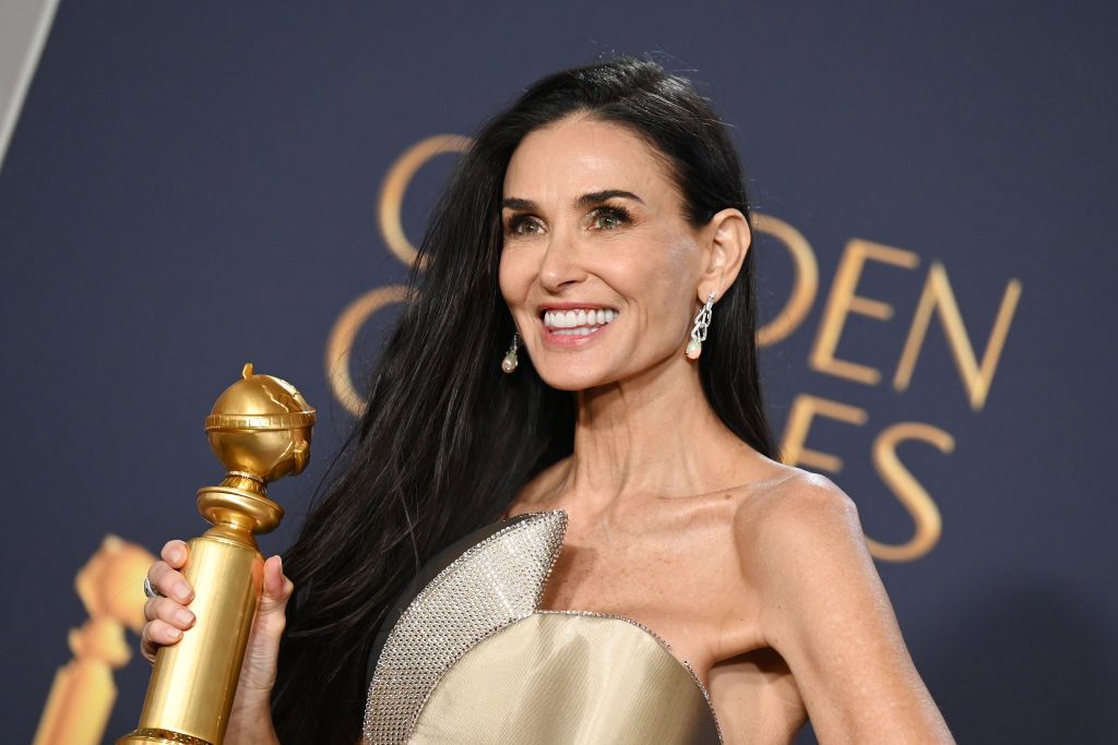 Demi Moore wins the Best Performance by a Female Actor in a Motion Picture - Musical or Comedy award for "The Substance" during the 82nd Annual Golden Globes held at The Beverly Hilton on January 05, 2025 in Beverly Hills, California.. (Photo by Gilbert Flores/GG2025/Penske Media via Getty Images)