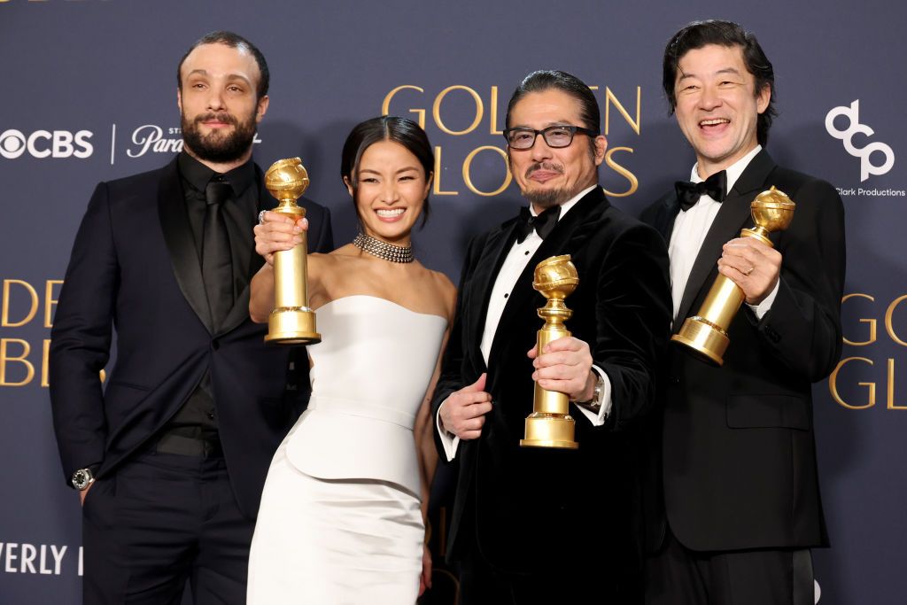BEVERLY HILLS, CALIFORNIA - JANUARY 05: (L-R) Cosmo Jarvis, Anna Sawai, winner of the Best Performance by a Female Actor in a Television Series - Drama award for “Shōgun,” Hiroyuki Sanada, winner of the Best Performance by a Male Actor in a Television Series - Drama award for “Shōgun,” and Tadanobu Asano, winner of the Best Supporting Performance in a Series, Limited Series, Anthology Series, or Motion Picture Made for Television award for "Shōgun," pose in the press room during the 82nd Annual Golden Globe