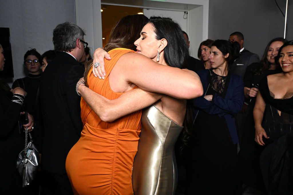 Karla Sofía Gascón and Demi Moore attend Moët & Chandon At The 82nd Annual Golden Globe Awards (Photo by Michael Kovac/Getty Images for Moët & Chandon)
