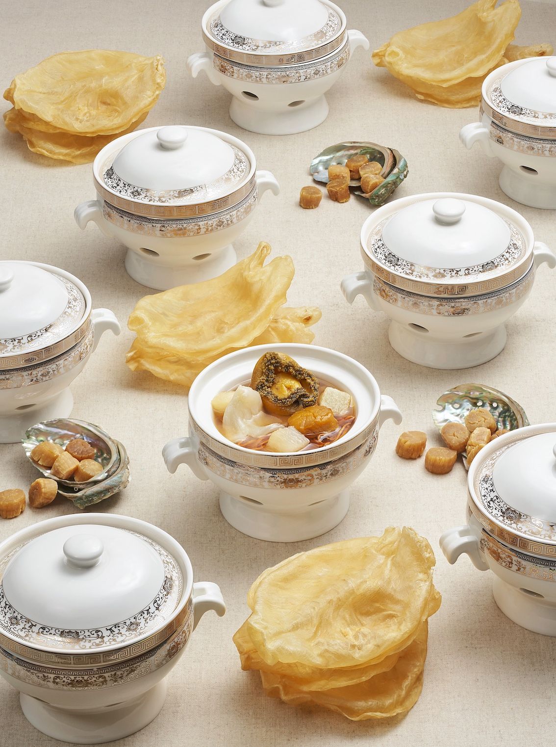 Peach Blossoms' nourishing spring chicken soup with Jeju abalone, fish maw, sea whelk, dried scallop and cordyceps flower
