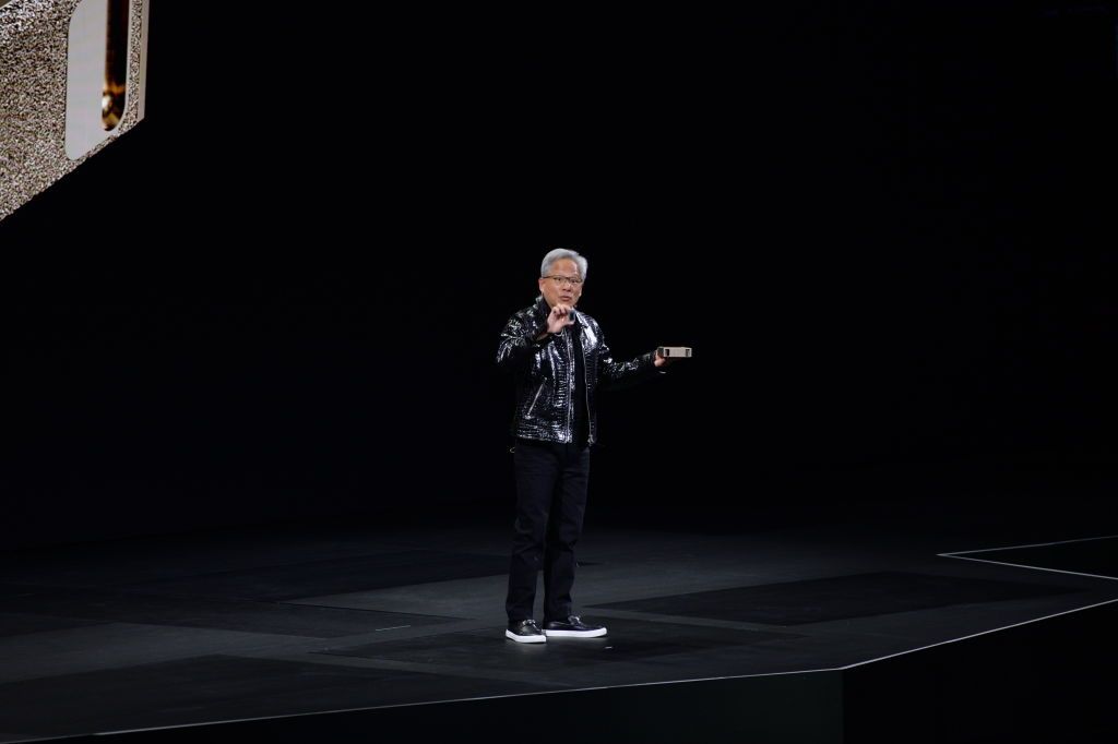06 January 2025, USA, Las Vegas: Jensen Huang, head of the chip company Nvidia, speaks at the CES technology trade fair. During a keynote presentation, Huang demonstrated an AI supercomputer in desktop format called "Digits", among other things. Photo: Andrej Sokolow/dpa (Photo by Andrej Sokolow/picture alliance via Getty Images)