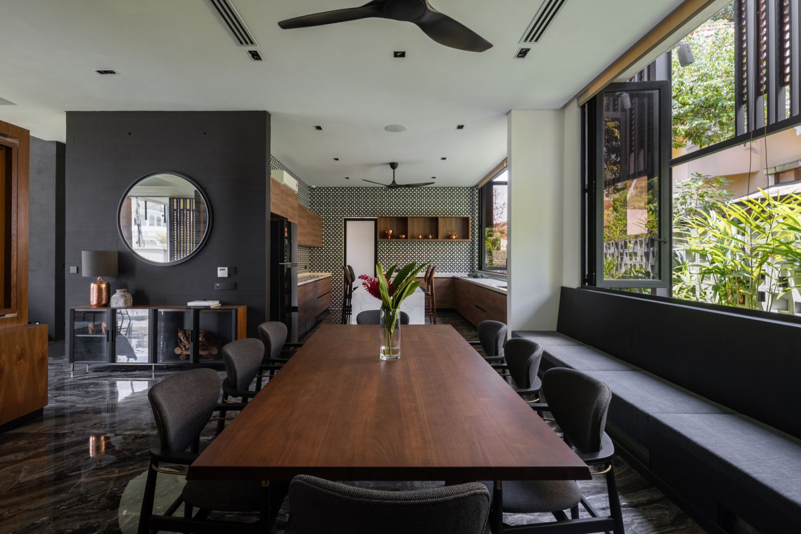 The dining area combines British-India influences with contemporary elements