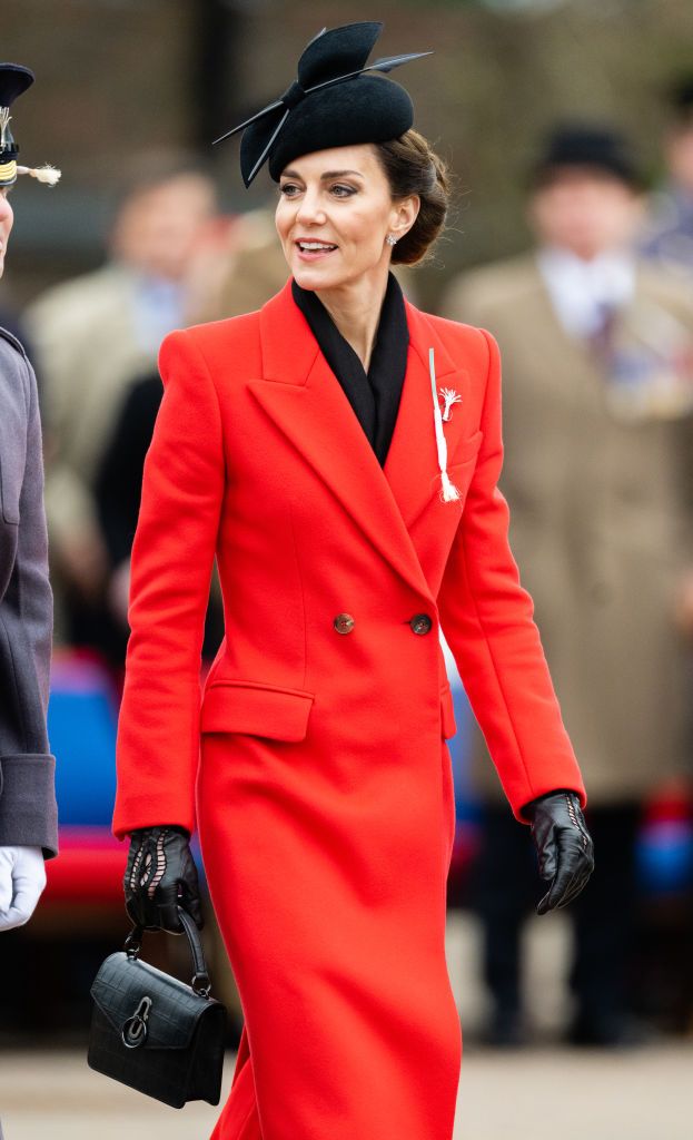 WINDSOR, ENGLAND - MARCH 01: Catherine, Princess of Wales visits the 1st Battalion Welsh Guards to attend the St Davids Day Parade on March 1, 2023 in Windsor, England. This is the first time The Prince of Wales has visited the Welsh Guards since becoming Colonel of the Regiment (Photo by Samir Hussein/WireImage)