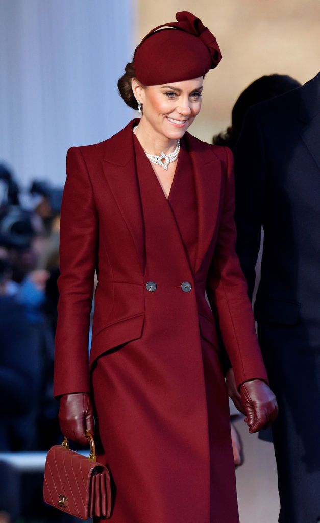 LONDON, UNITED KINGDOM - DECEMBER 03: (EMBARGOED FOR PUBLICATION IN UK NEWSPAPERS UNTIL 24 HOURS AFTER CREATE DATE AND TIME) Catherine, Princess of Wales (wearing her four strand Japanese Pearl Necklace and Bahrain Pearl Drop Earrings both of which previously belonged to Queen Elizabeth II) attends the Ceremonial Welcome, at Horse Guards Parade, for the The Amir of the State of Qatar on day one of his State Visit to the United Kingdom on December 3, 2024 in London, England. His Highness Sheikh Tamim bin Ham