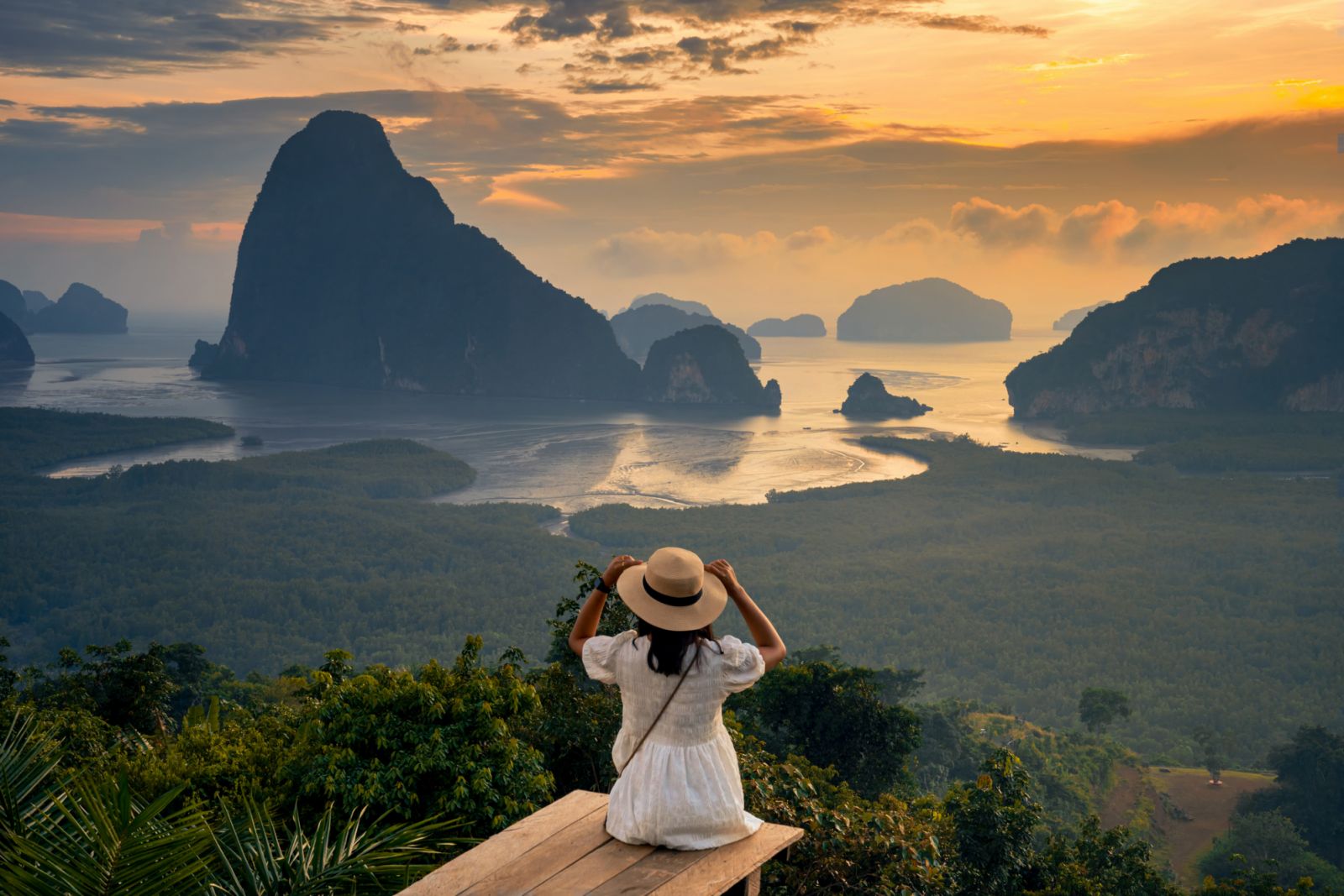 Landscape of limestone karsts in Phang nga bay at sunrise. Unseen place of "Samed Nangshe" or "Samet Nangchee" in Phang Nga province, Thailand.