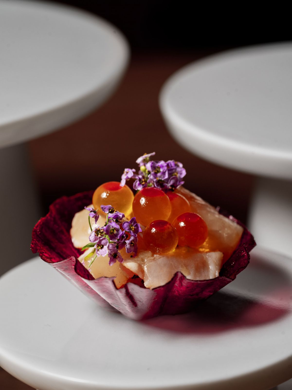 Beetroot tart with sashimi cube marinated with Cedarwood smoked Maitake vinegar, served with ikura