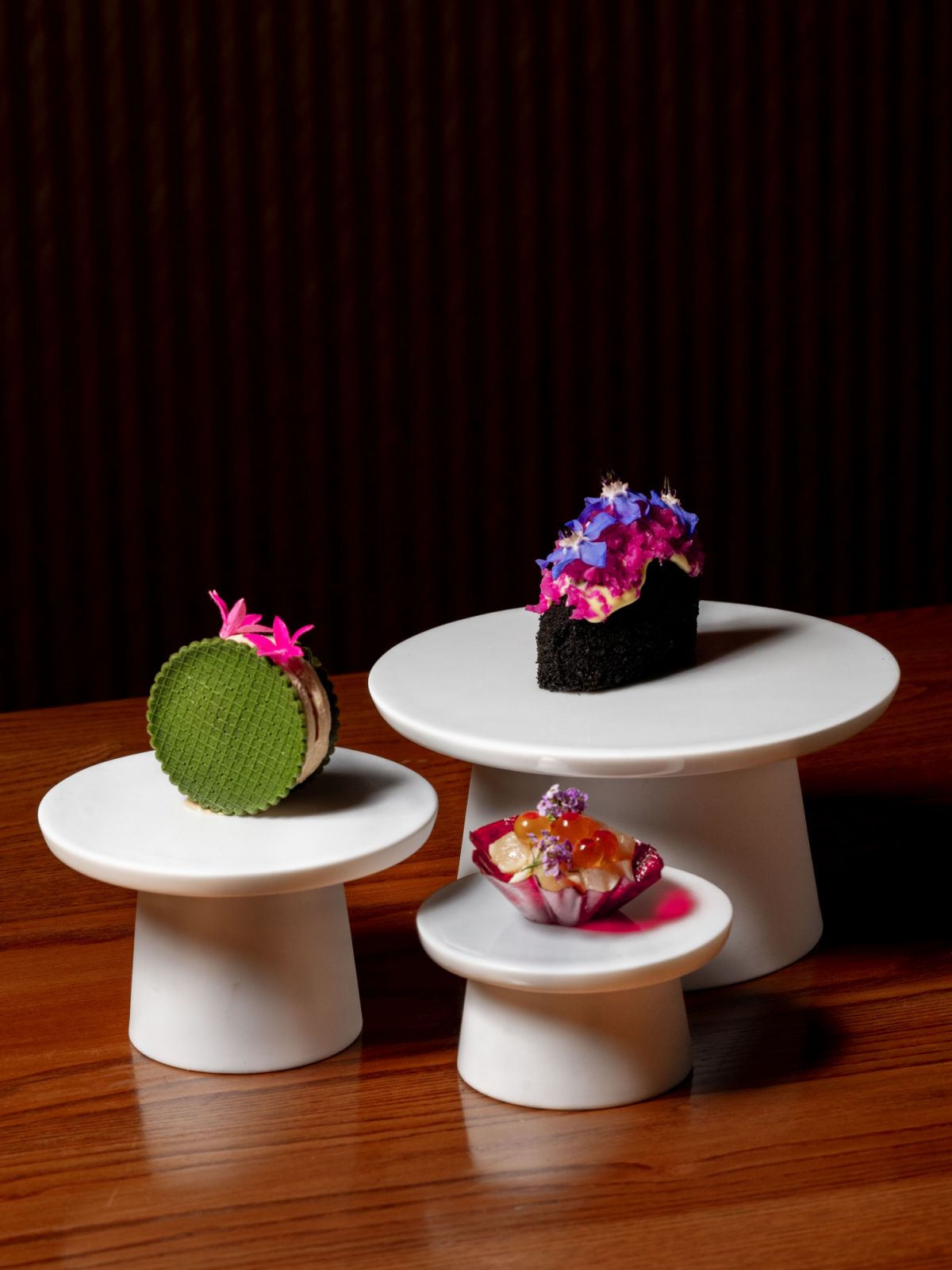 The zensai course arrives on Legle pedestals, each a study in colour and composition