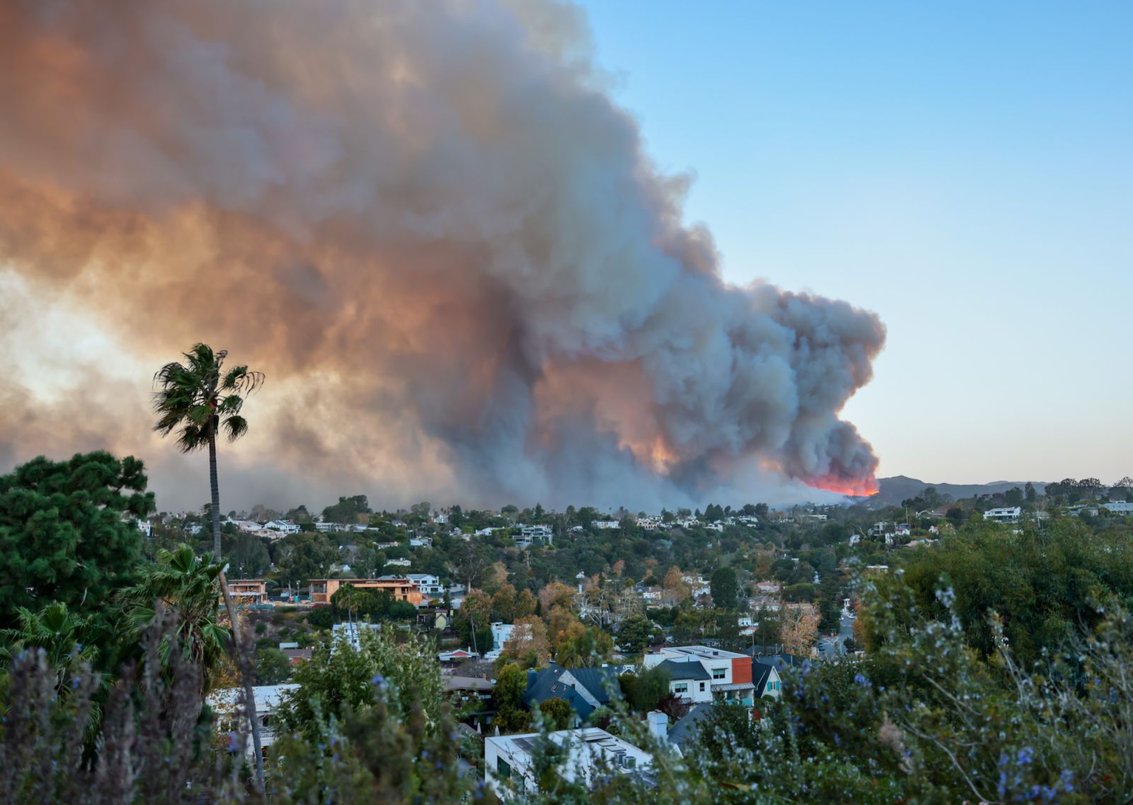 LOS ANGELES, CALIFORNIA - JANUARY 07: Smoke from the Palisades Fire fills the sky as seen from the Pacific Palisades neighborhood of Los Angeles, California on January 07, 2025 in Los Angeles, California. Fueled by intense Santa Ana Winds, the Palisades Fire has grown to over 2,900 acres and 30,000 people have been ordered to evacuate while a second fire has emerged near Eaton Canyon. (Photo by Tiffany Rose/Getty Images)