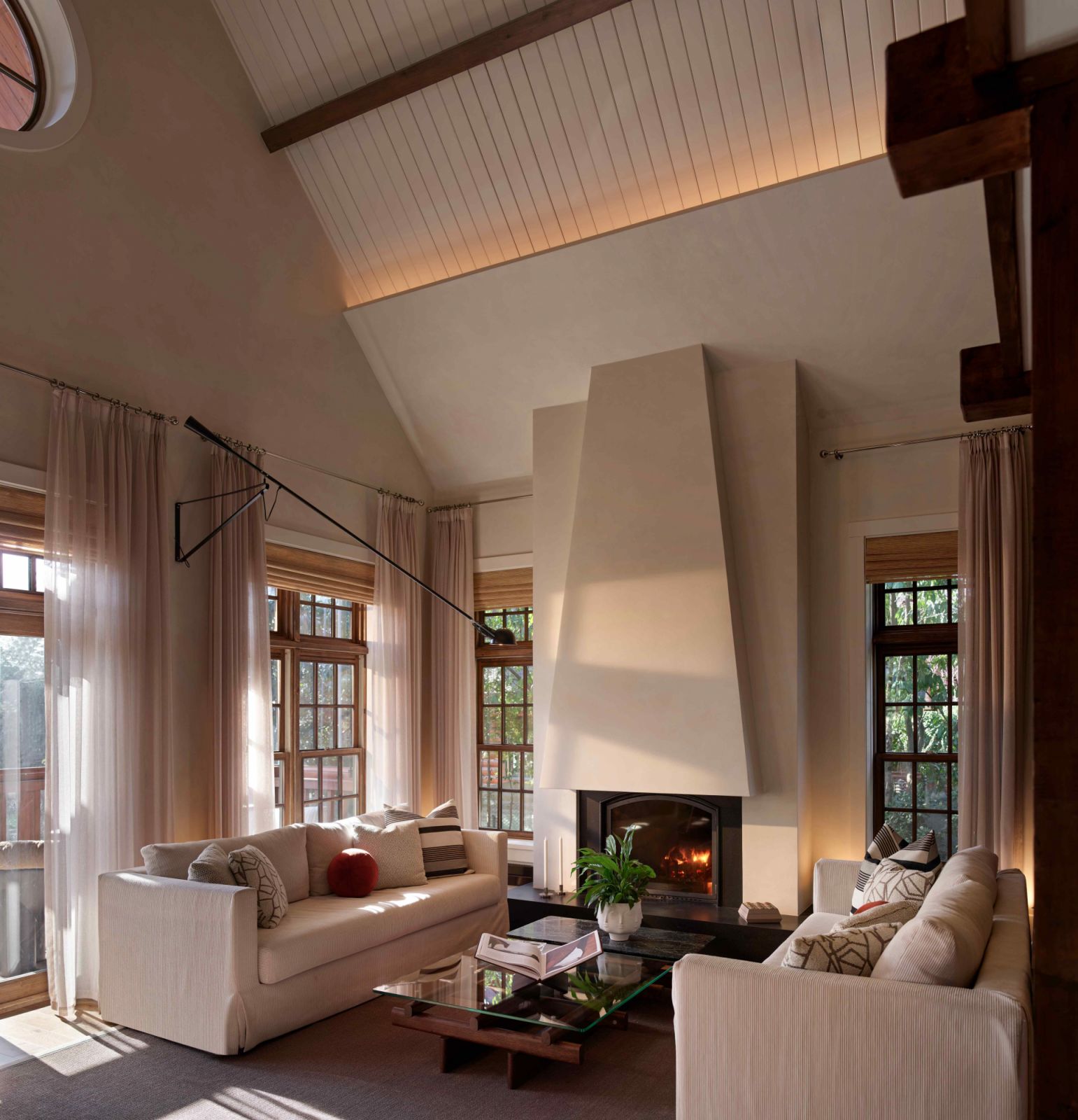 High ceilings and exposed wood beams