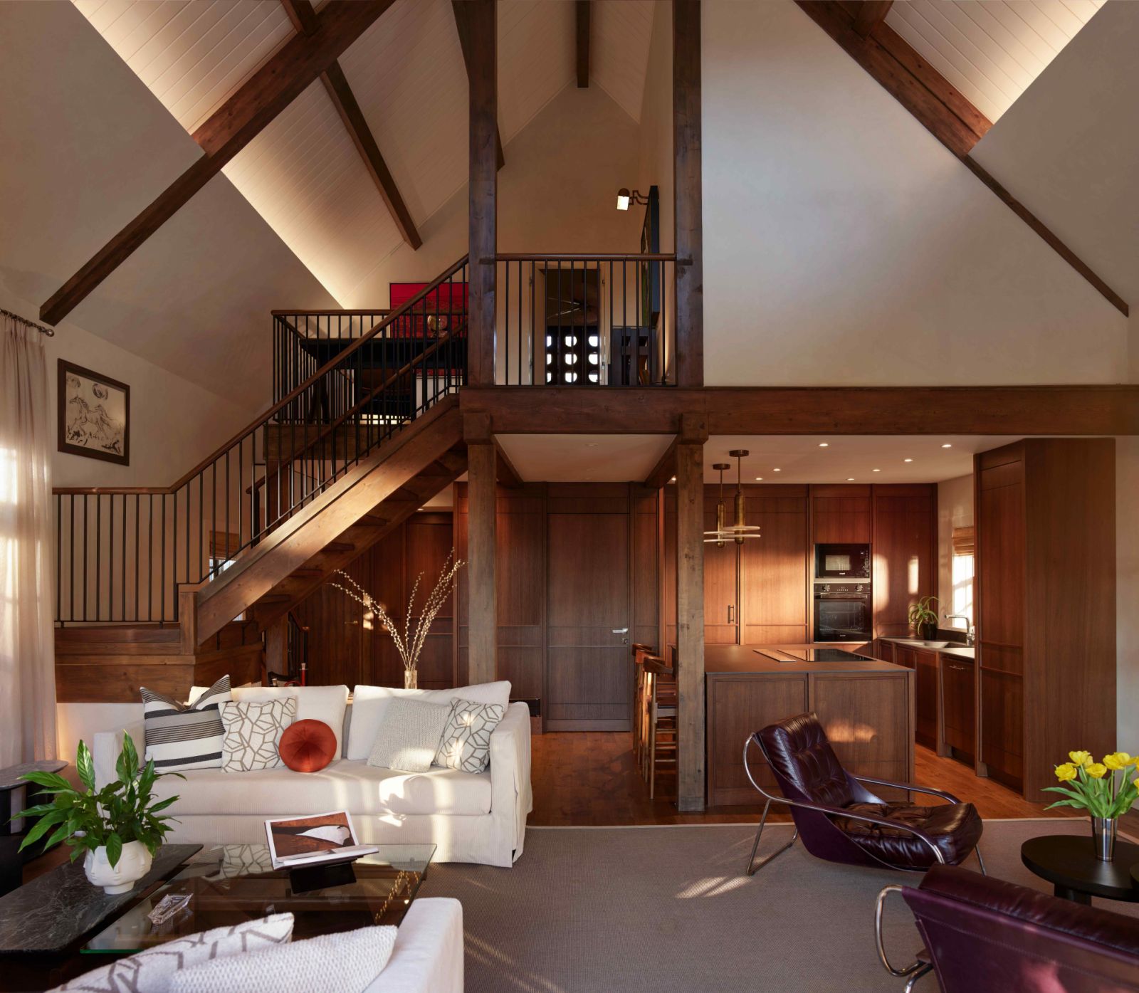 The exposed wood beams exude rustic charm