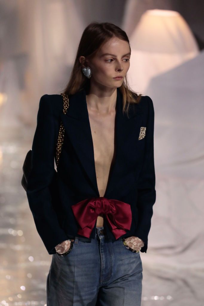 PARIS, FRANCE - SEPTEMBER 29: (EDITORIAL USE ONLY - For Non-Editorial use please seek approval from Fashion House) A model walks the runway during the Valentino Paris Womenswear Spring-Summer 2025 show as part of Paris Fashion Week on September 29, 2024 in Paris, France. (Photo by Antoine Flament/WireImage)