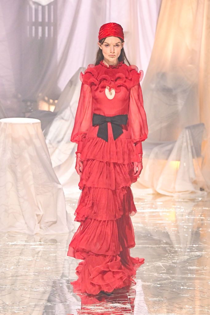 PARIS, FRANCE - SEPTEMBER 29: (EDITORIAL USE ONLY - For Non-Editorial use please seek approval from Fashion House) A model walks the runway during the Valentino Paris Womenswear Spring-Summer 2025 show as part of Paris Fashion Week on September 29, 2024 in Paris, France. (Photo by Stephane Cardinale - Corbis/Corbis via Getty Images)
