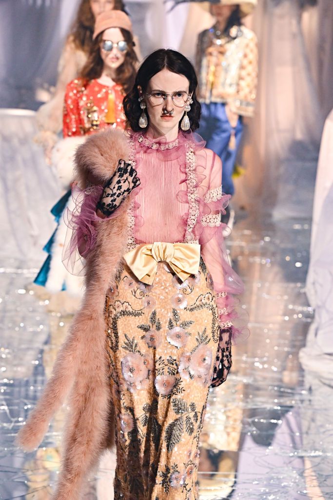 PARIS, FRANCE - SEPTEMBER 29: (EDITORIAL USE ONLY - For Non-Editorial use please seek approval from Fashion House) A model walks the runway during the Valentino Paris Womenswear Spring-Summer 2025 show as part of Paris Fashion Week on September 29, 2024 in Paris, France. (Photo by Stephane Cardinale - Corbis/Corbis via Getty Images)