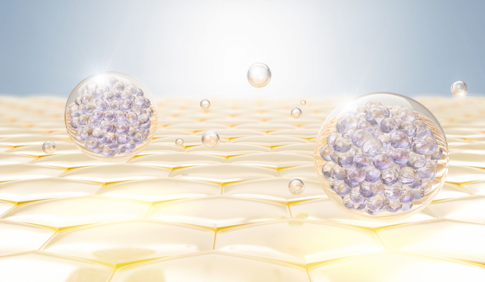 Cosmetic serum Oil drop on skin cell, Skin Repair, moisturizer, collagen serum, Exosome with Skin cells, 3d rendering.