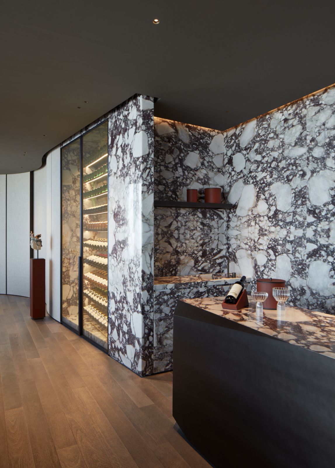 The marble bar area where homeowners entertain guests after dinner