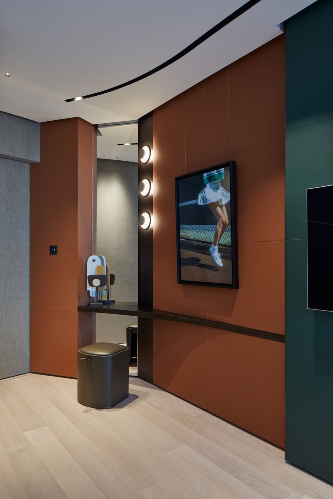 Close-up details of the bedroom, with jewel tones creating an elegant atmosphere