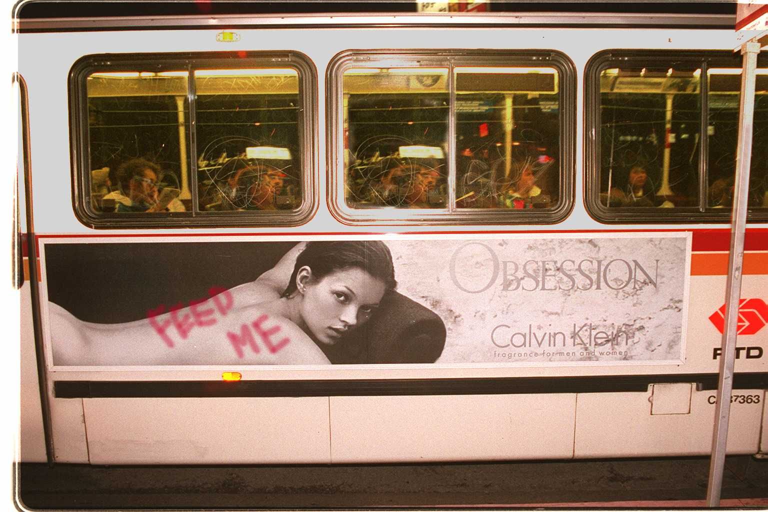 A 1994 Kate Moss bus advert that had been defaced (Photo: Paul Harris/Getty Images)
