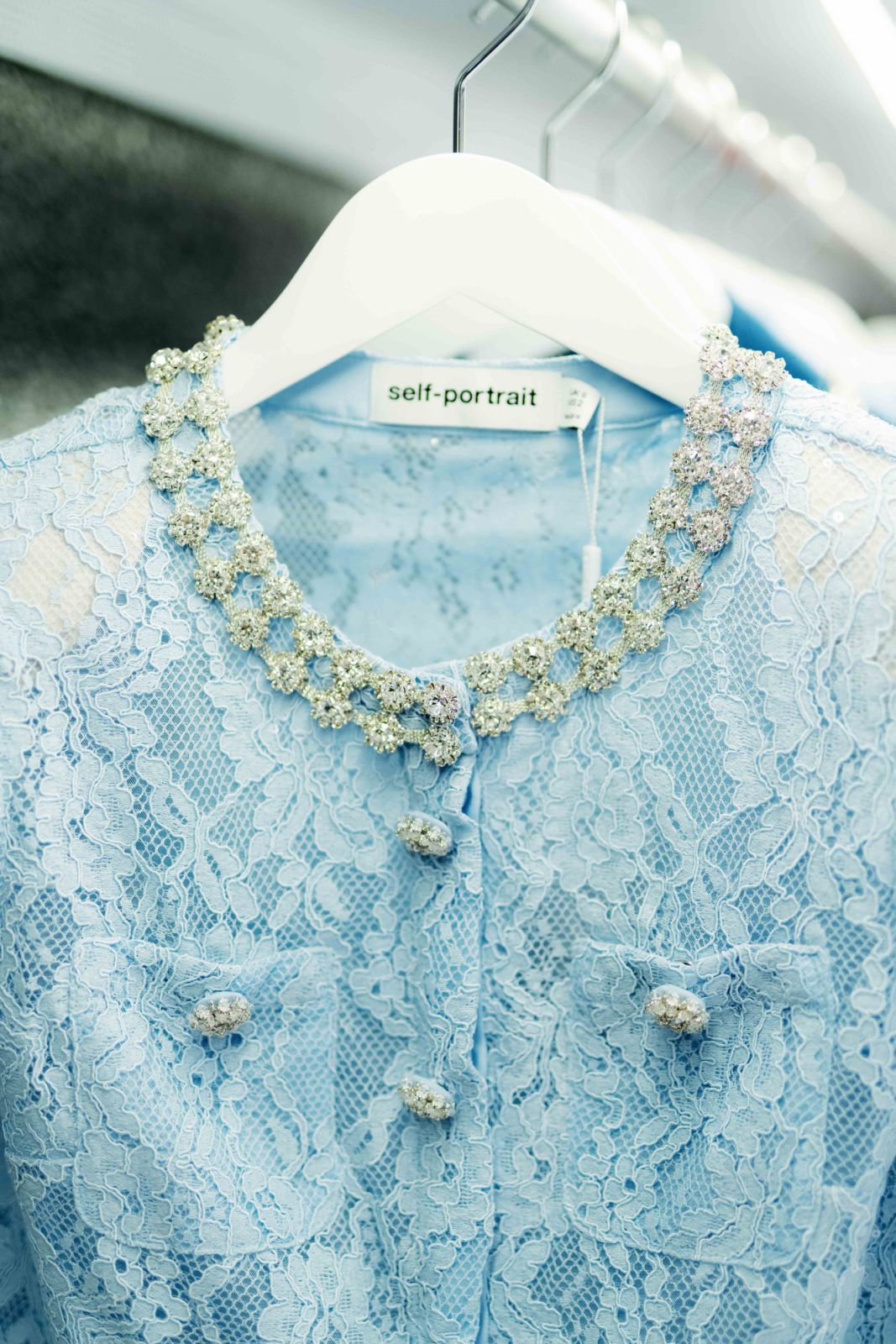 Baby blue Self-Portrait jacket with rhinestones